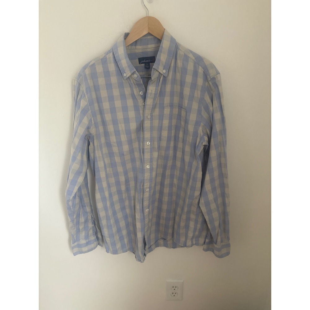 Johnnie-O Mens Large Blue White Gingham Cotton Button Down Shirt Long Sleeve L